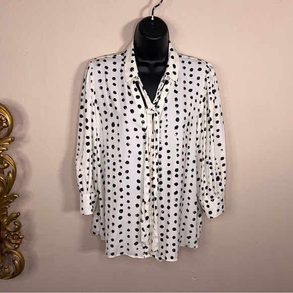 NEW Petite L Worthington White Black Polka Dot Blouse Bow Neckline 3/4 Sleeve - Picture 12 of 16